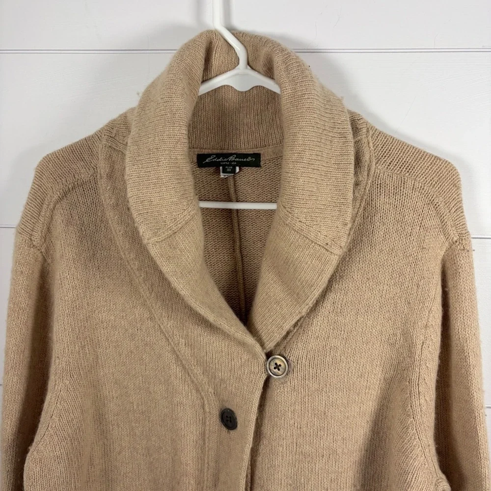 Eddie Bauer Cardigan Sweater Long 3X Tan Camel Lambswool Angora Shawl Collar Ski - Picture 3 of 10